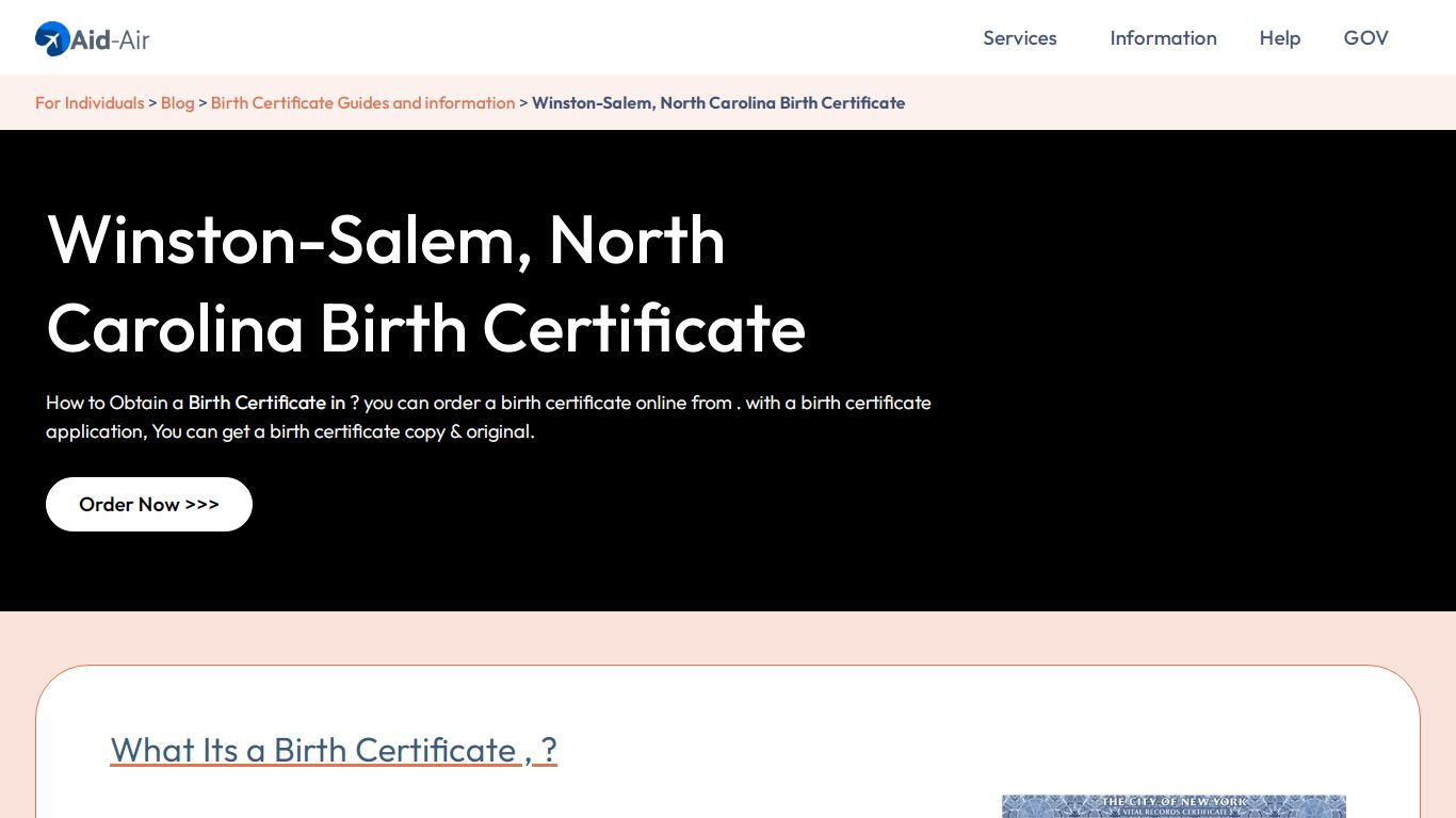 Winston-Salem, North Carolina Birth Certificate - Aid-Air